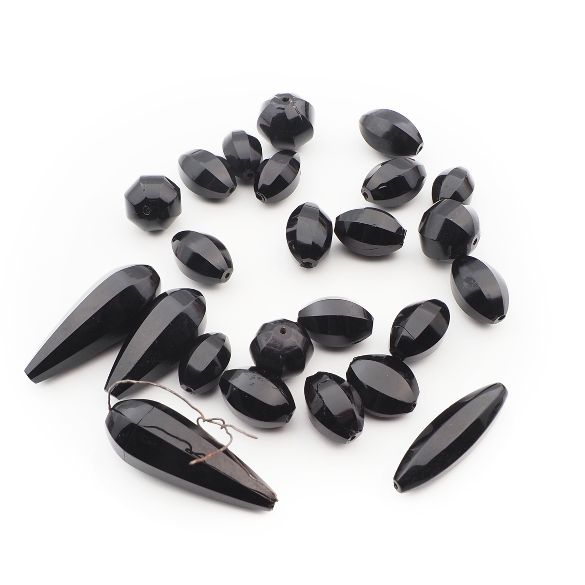 Lot (24) Czech antique teardrop oval round melon faceted black glass beads