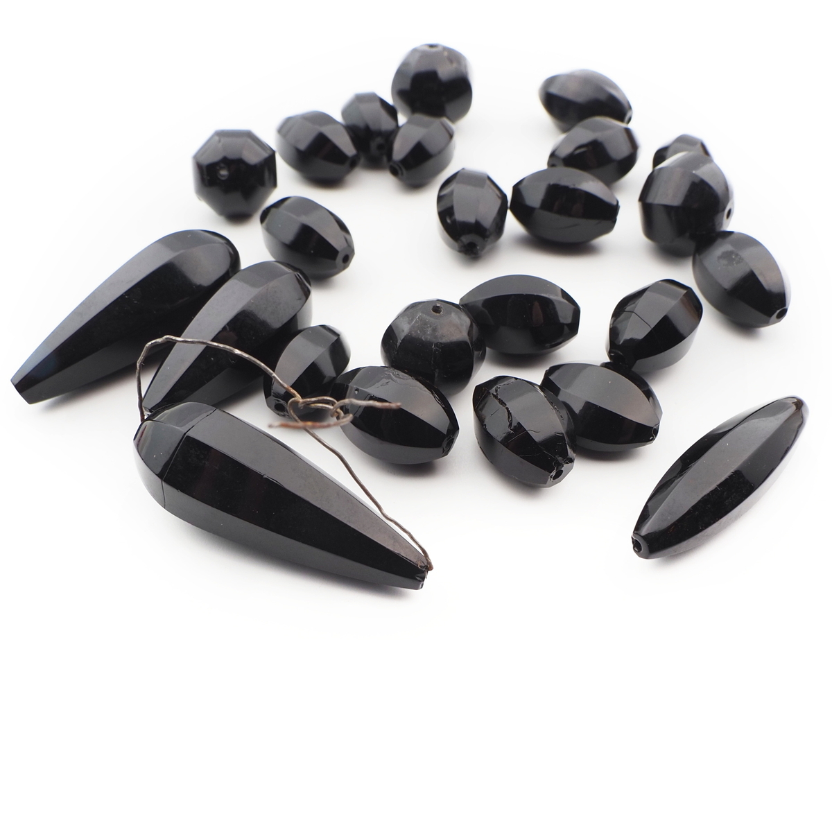 Lot (24) Czech antique teardrop oval round melon faceted black glass beads