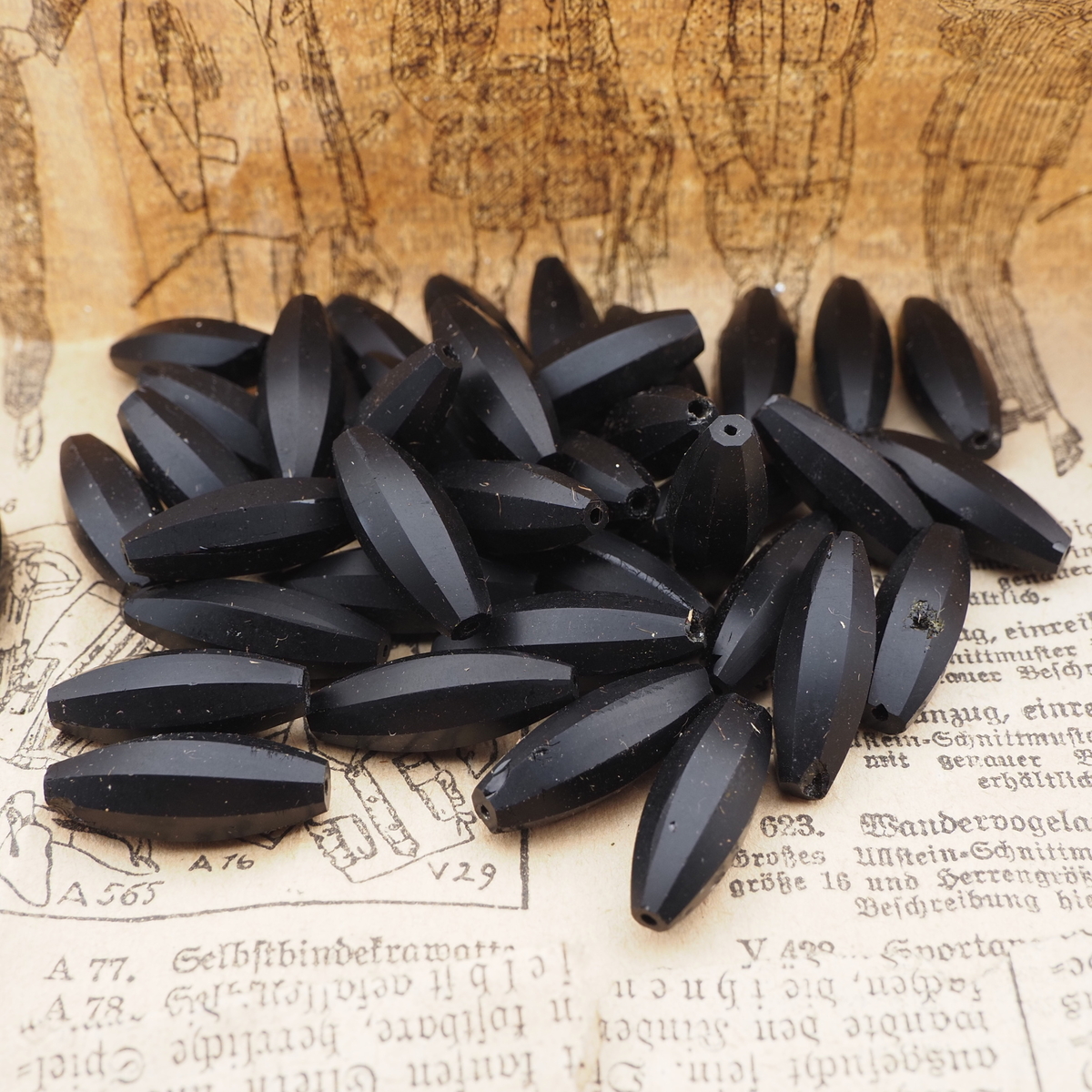 Lot (39) Czech antique oval melon faceted black glass beads 21mm