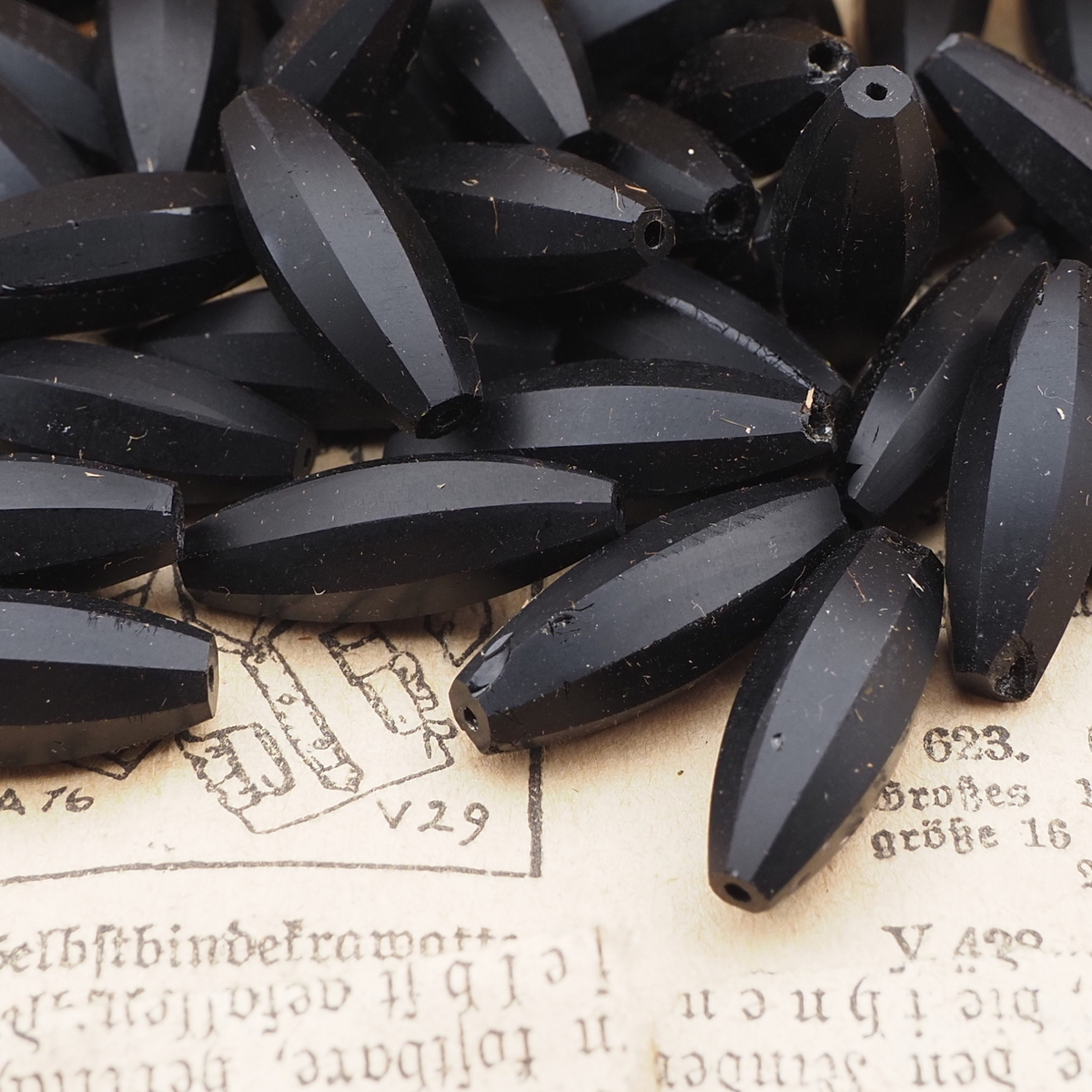 Lot (39) Czech antique oval melon faceted black glass beads 21mm