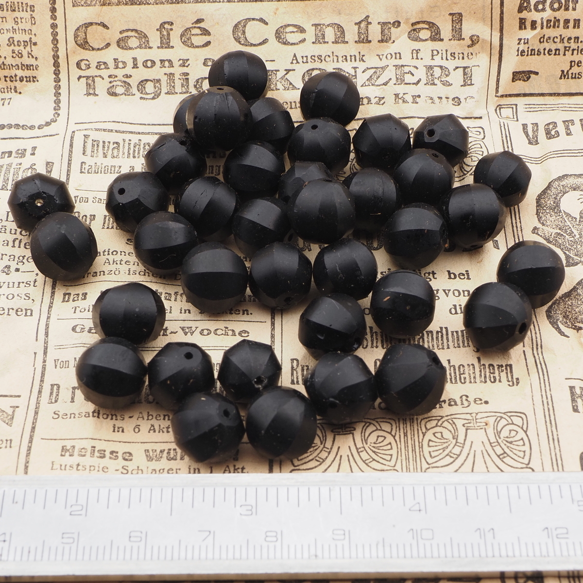Lot (38) Czech antique round melon faceted black glass beads 11/12mm