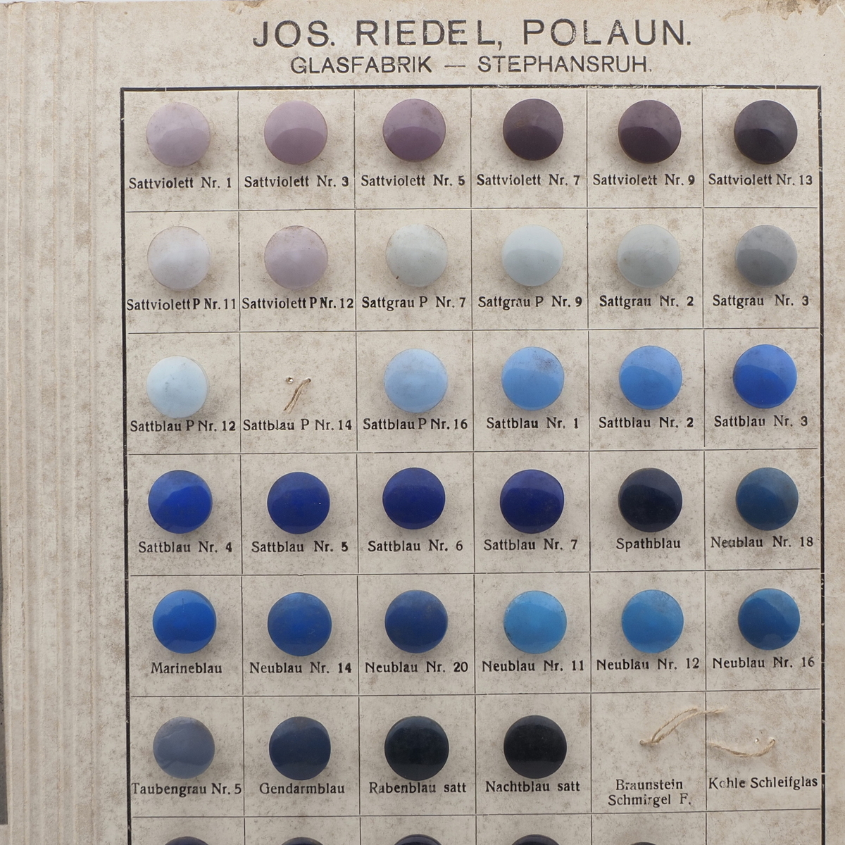Sample card (50) vintage Czech glass buttons blues Joseph Riedel Polaun 1935