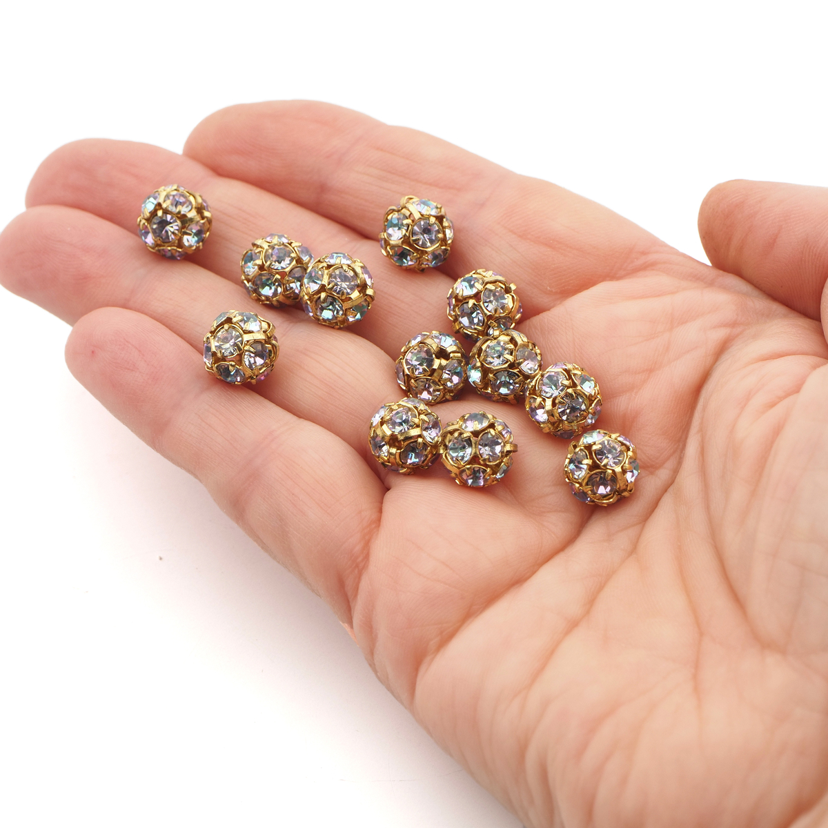 Rhinestone gold tone metal ball beads 10 mm Lt. Vitrail Rainbow pink blue Czech glass lot 12pcs