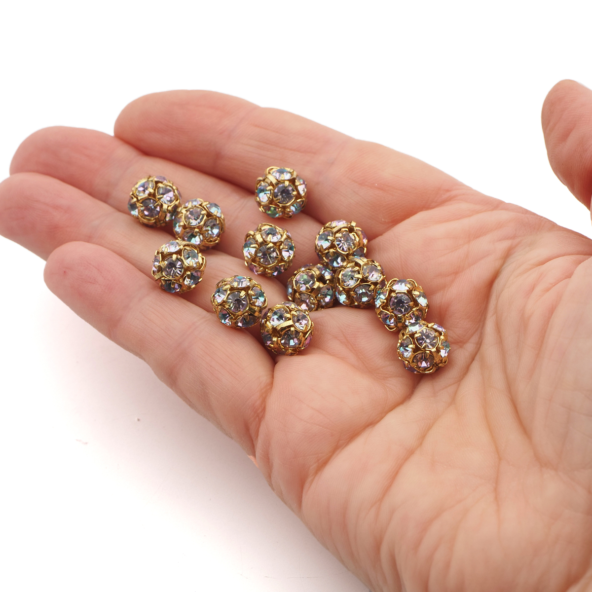 Rhinestone gold tone metal ball beads 10 mm Lt. Vitrail Rainbow pink blue Czech glass lot 12pcs