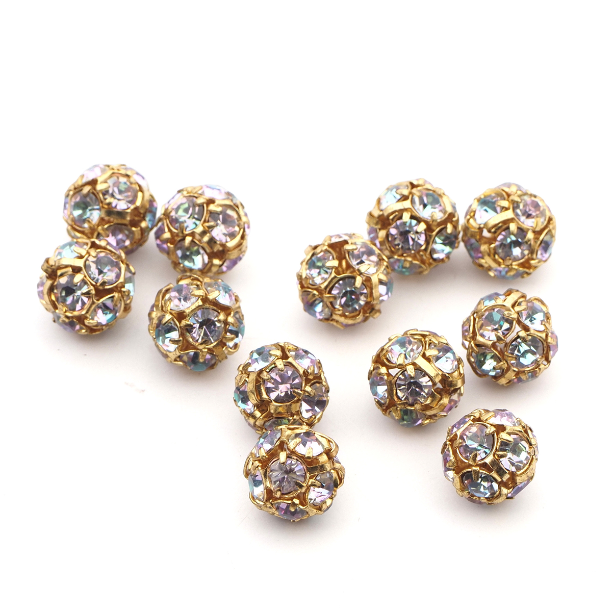 Rhinestone gold tone metal ball beads 10 mm Lt. Vitrail Rainbow pink blue Czech glass lot 12pcs