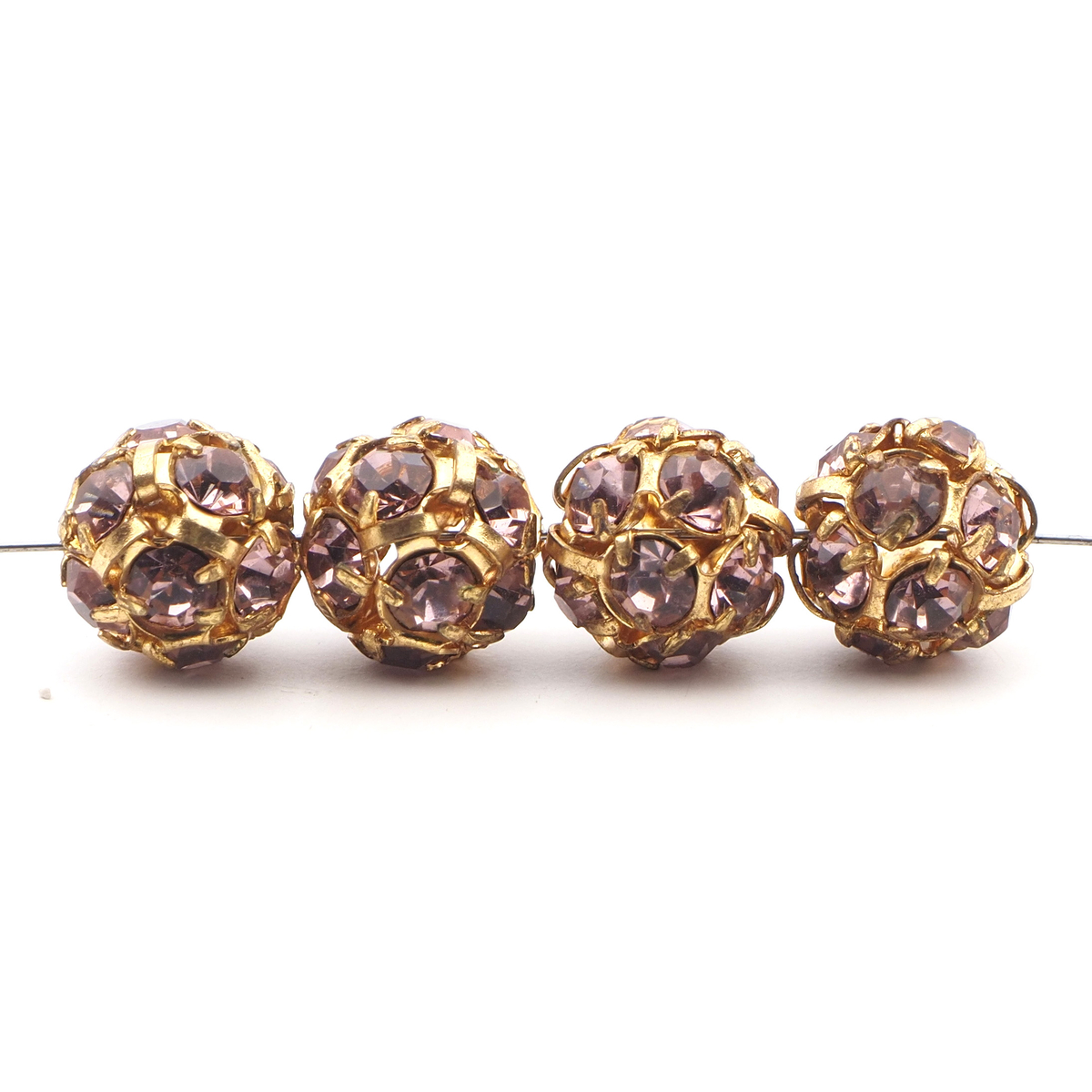 Rhinestone gold tone metal ball beads 10 mm Lt. Amethyst Czech glass lot 12pcs