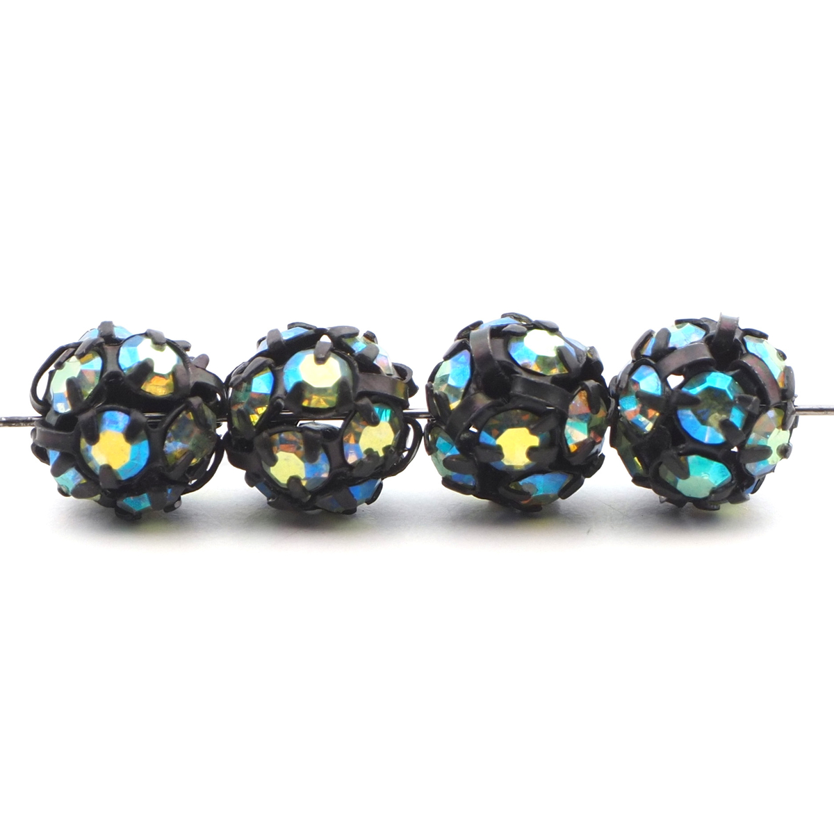 Rhinestone black tone metal ball beads 8 mm AB peridot Czech glass lot 12pcs