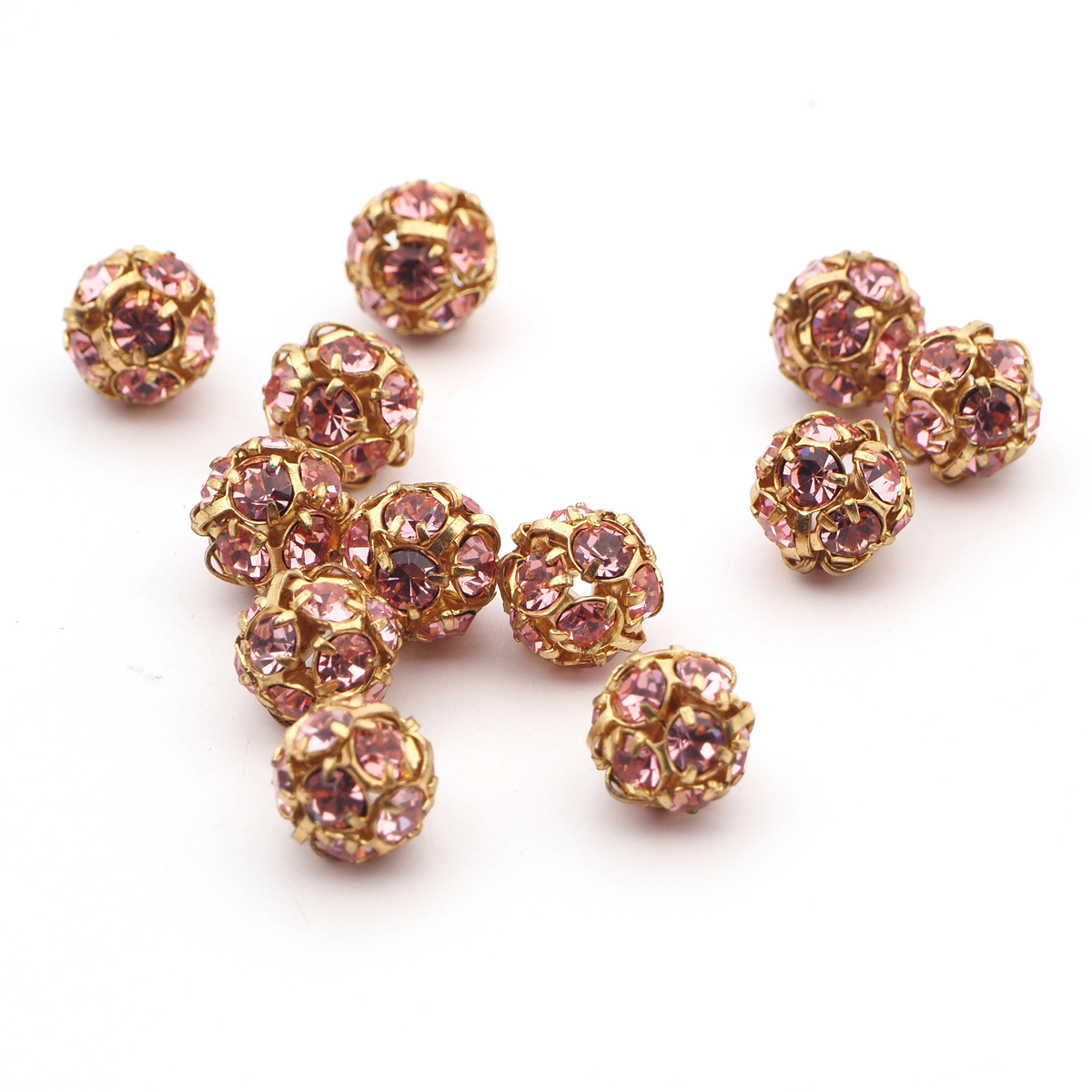 Rhinestone gold tone metal ball beads 10 mm Lt. Rosa Pink Czech glass lot 12pcs