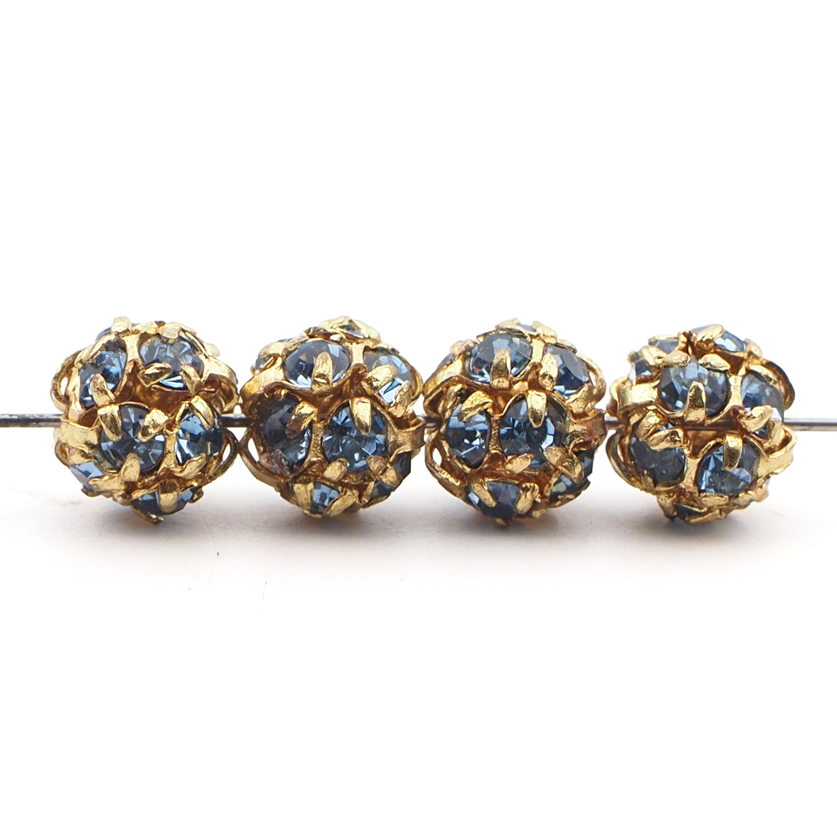 Rhinestone gold tone metal ball beads 6 mm lt. sapphire Blue glass Czech