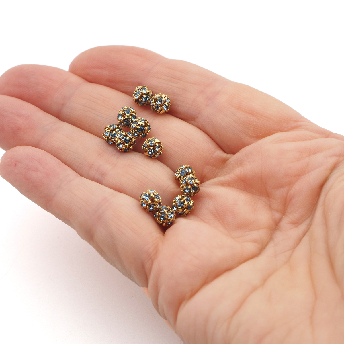 Rhinestone gold tone metal ball beads 6 mm lt. sapphire Blue glass Czech