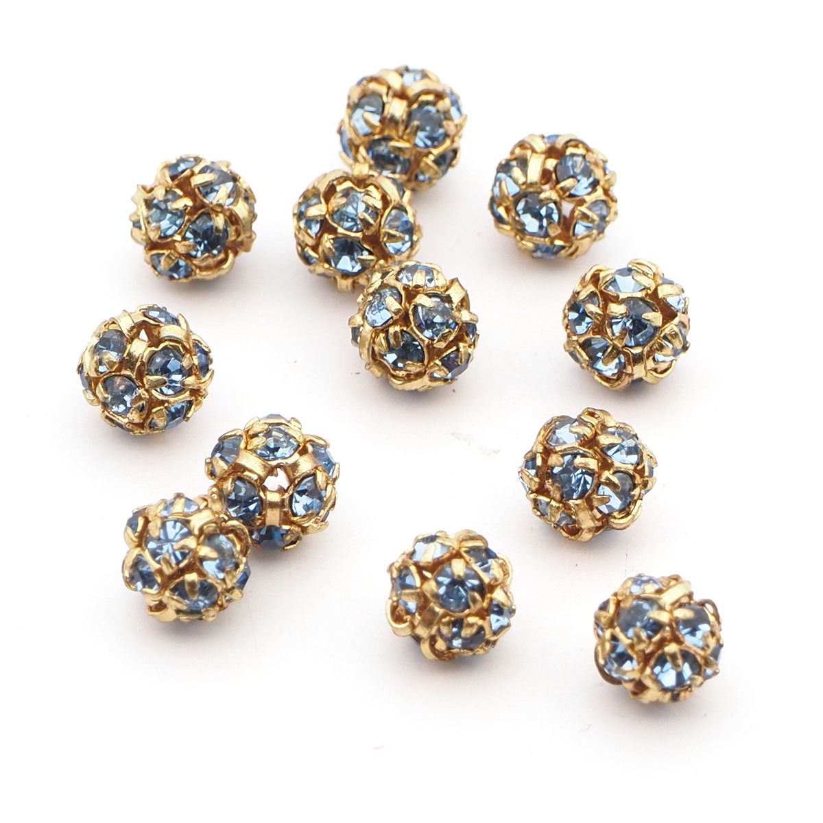Rhinestone gold tone metal ball beads 6 mm lt. sapphire Blue glass Czech
