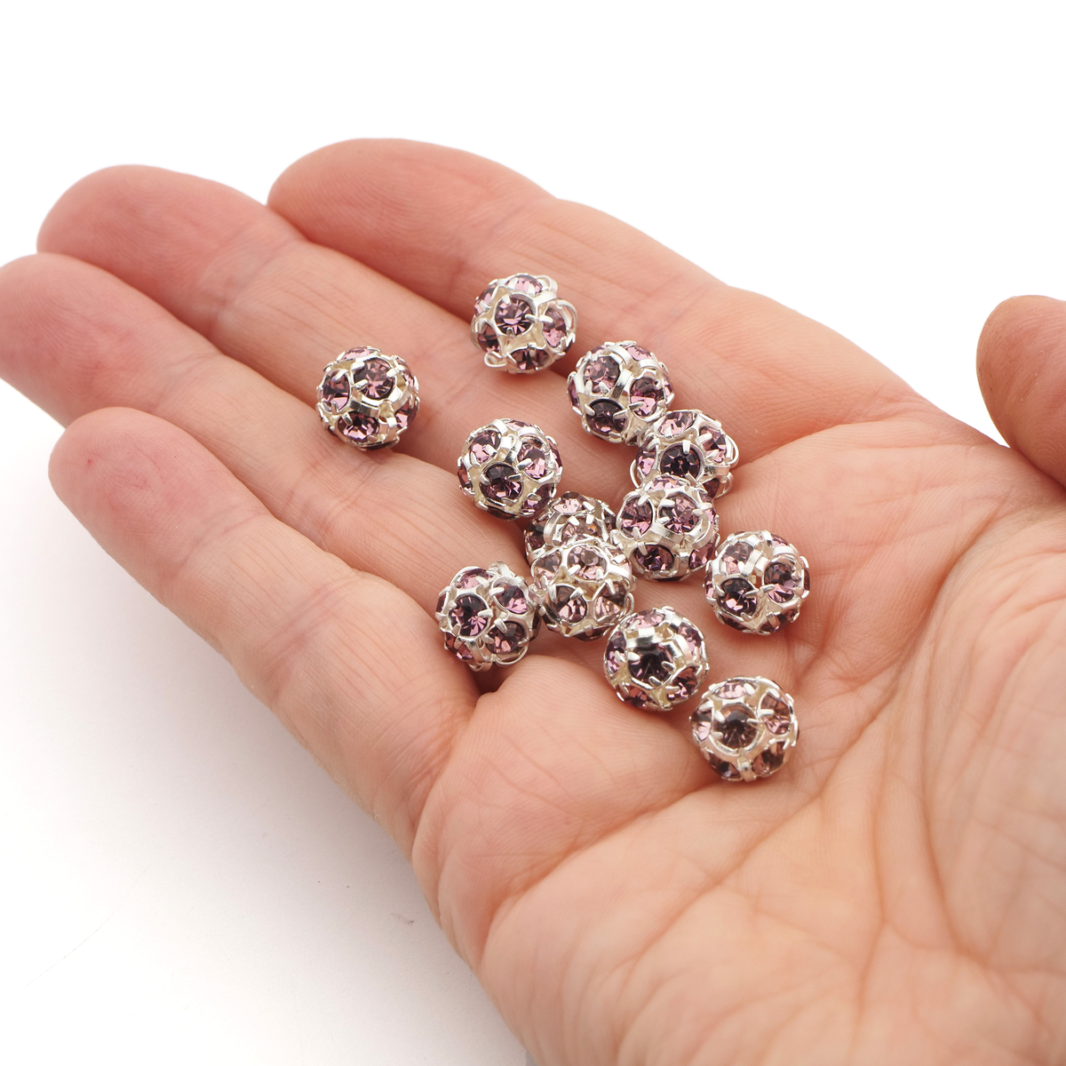 Rhinestone silver tone metal ball beads 10 mm Lt. Amethyst Czech glass lot 12pcs