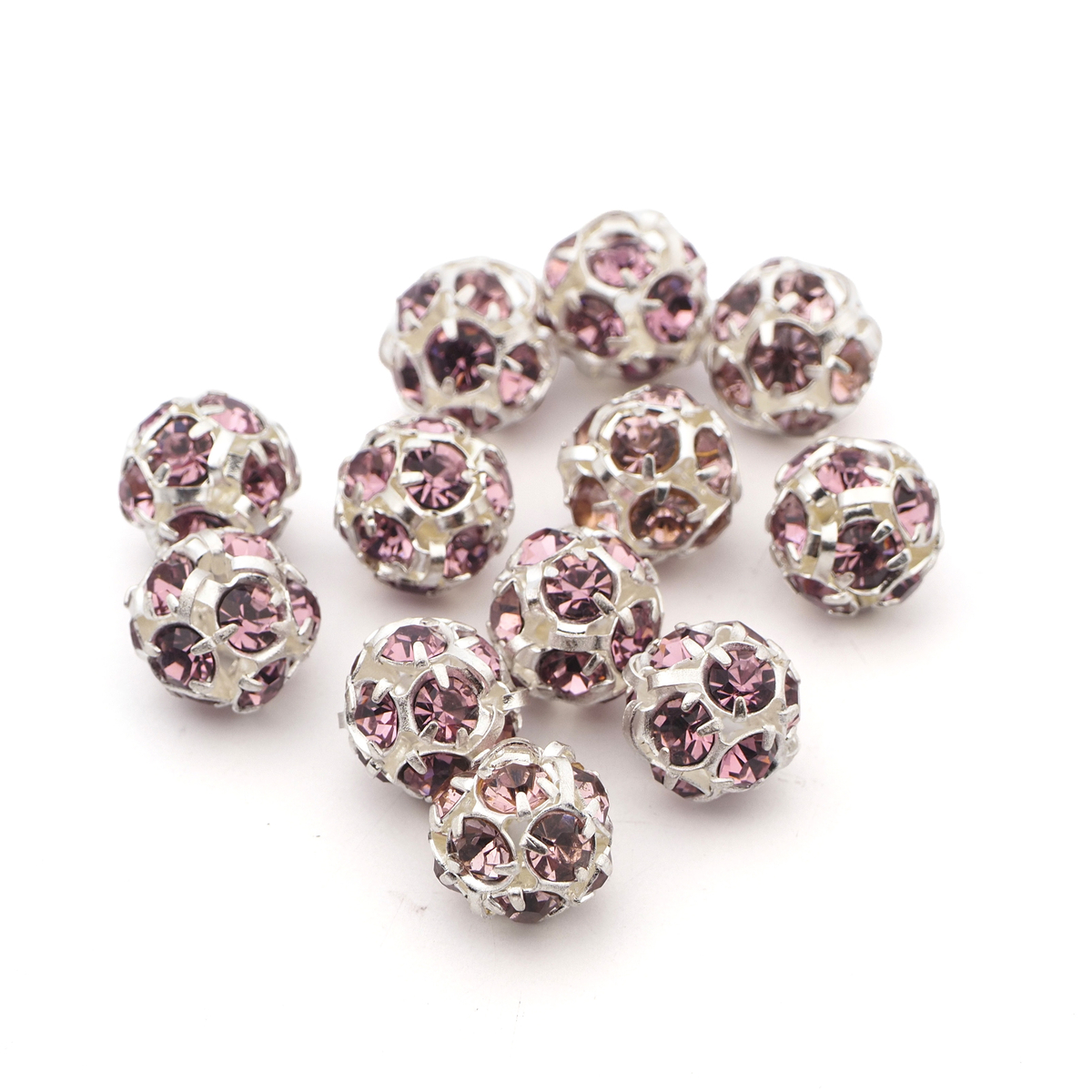 Rhinestone silver tone metal ball beads 10 mm Lt. Amethyst Czech glass lot 12pcs