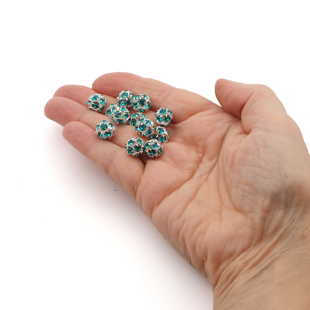 Rhinestone silver tone metal ball beads 10 mm Blue Zircon Czech glass lot 12pcs