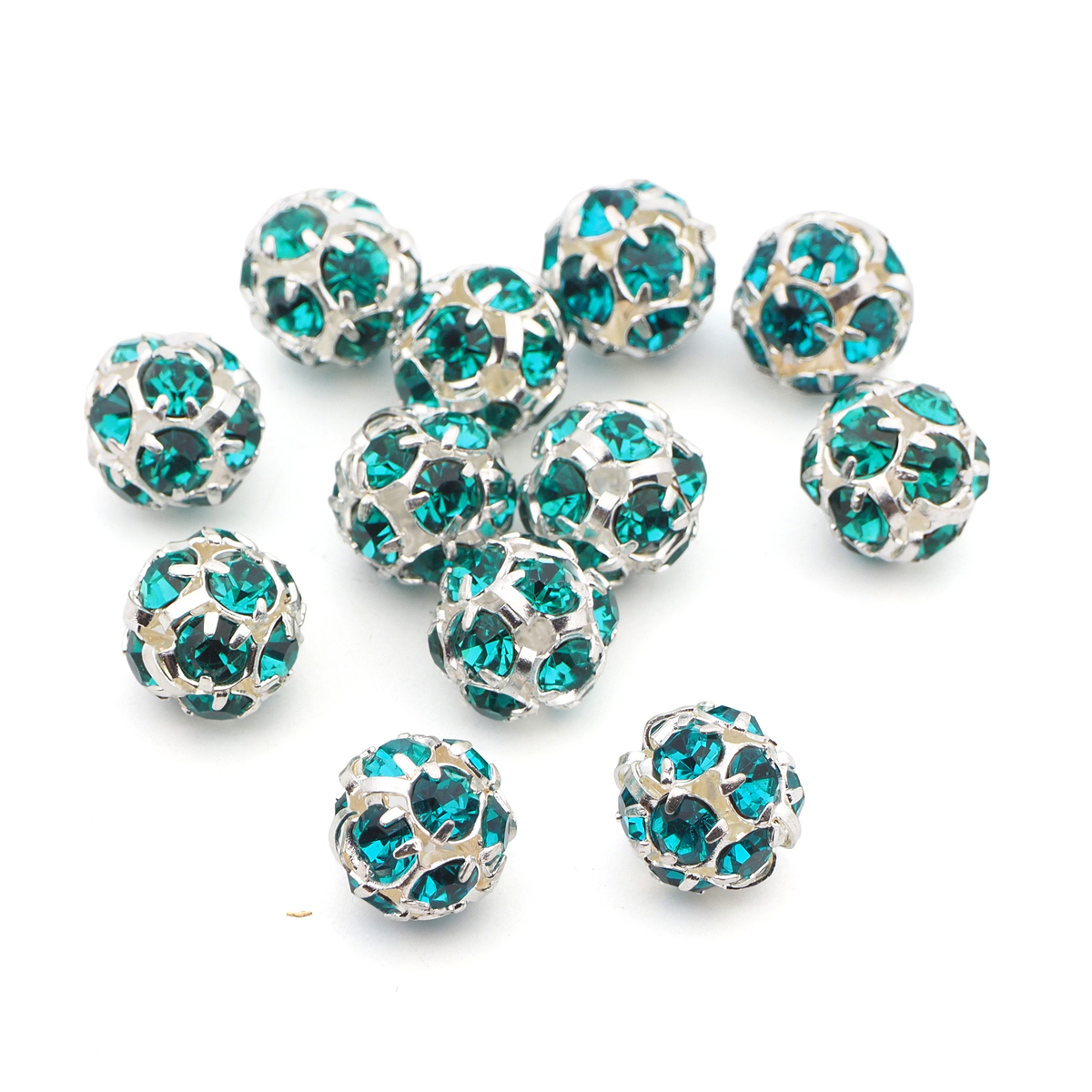 Rhinestone silver tone metal ball beads 10 mm Blue Zircon Czech glass lot 12pcs