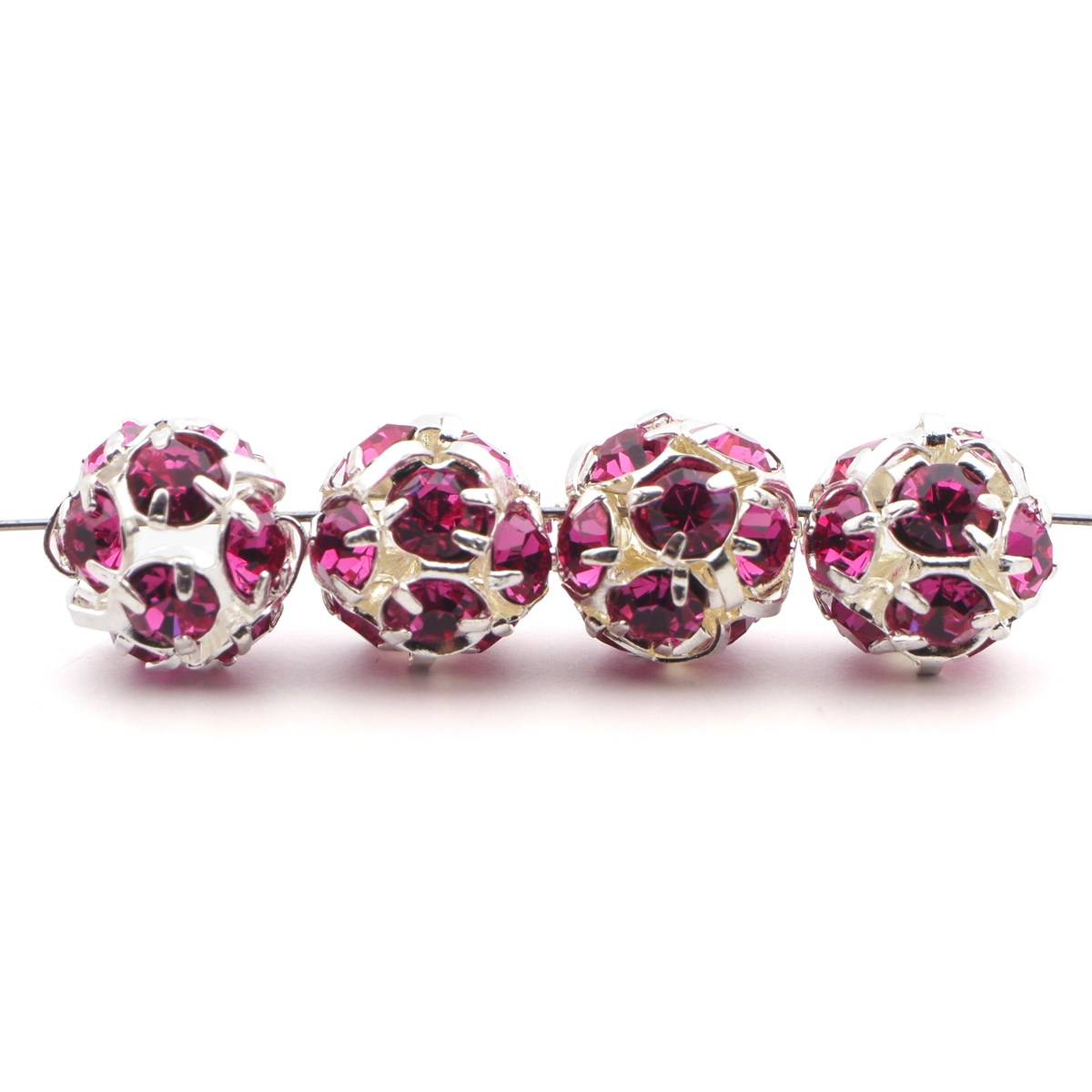 Rhinestone silver tone metal ball beads 10 mm Fuchsia Pink Czech glass lot 12pcs