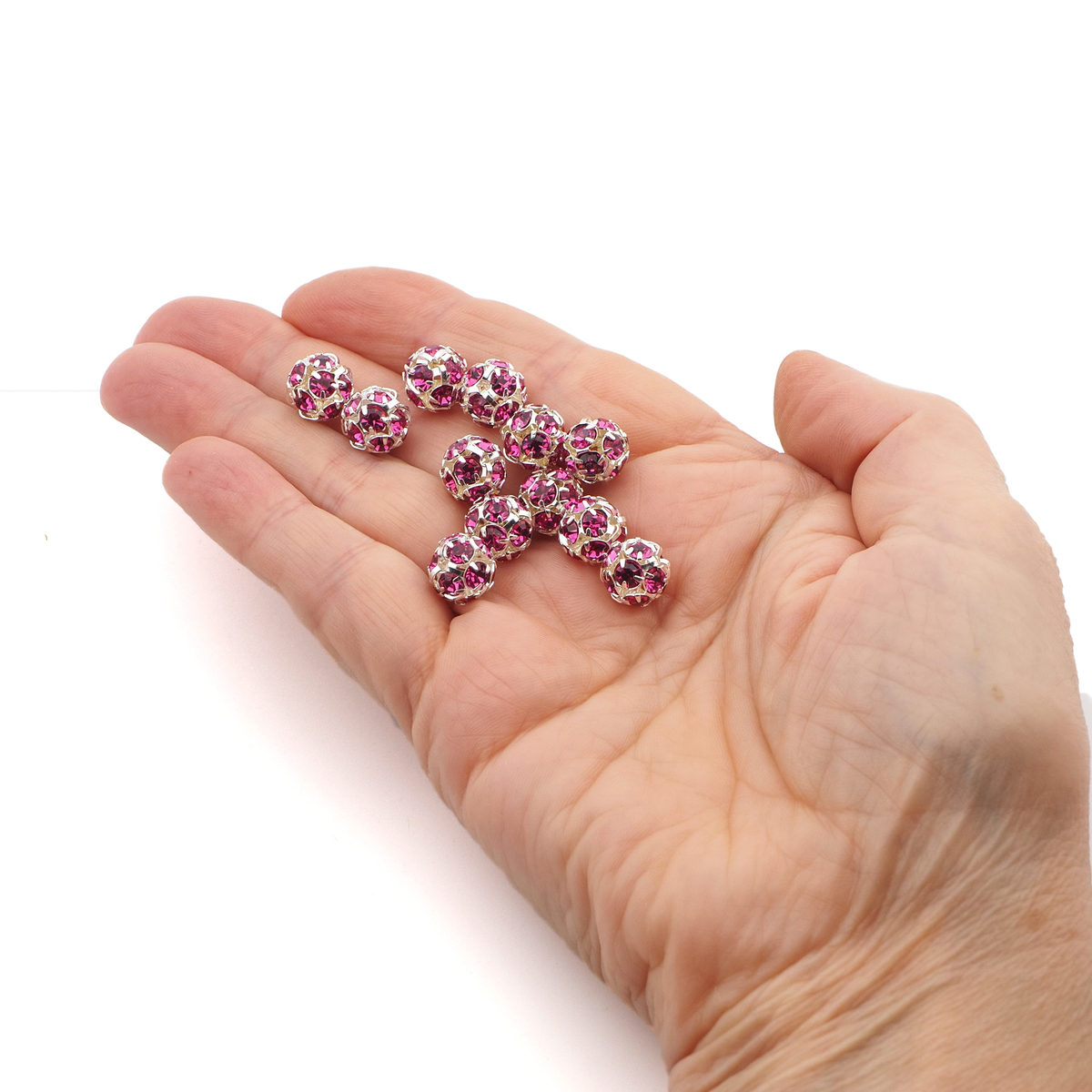 Rhinestone silver tone metal ball beads 10 mm Fuchsia Pink Czech glass lot 12pcs