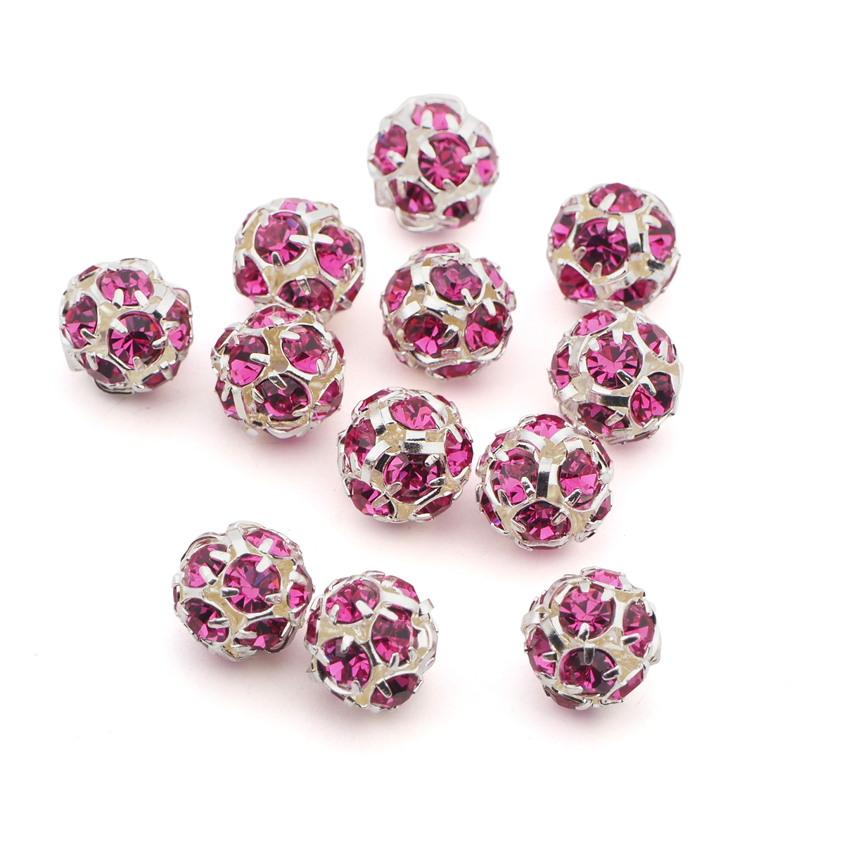 Rhinestone silver tone metal ball beads 10 mm Fuchsia Pink Czech glass lot 12pcs