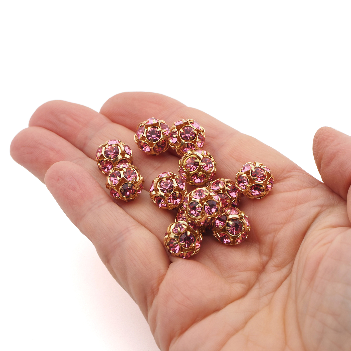 Rhinestone gold tone metal ball beads 12 mm Rosa Pink Czech glass lot 12pcs
