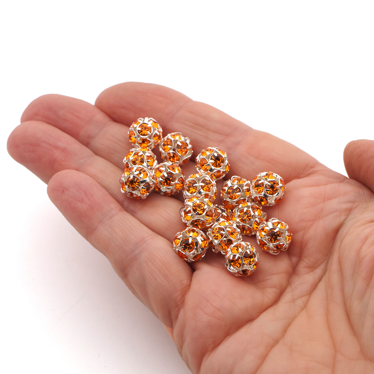 Rhinestone silver tone metal ball beads 10 mm Orange Sun Czech glass lot 16pcs