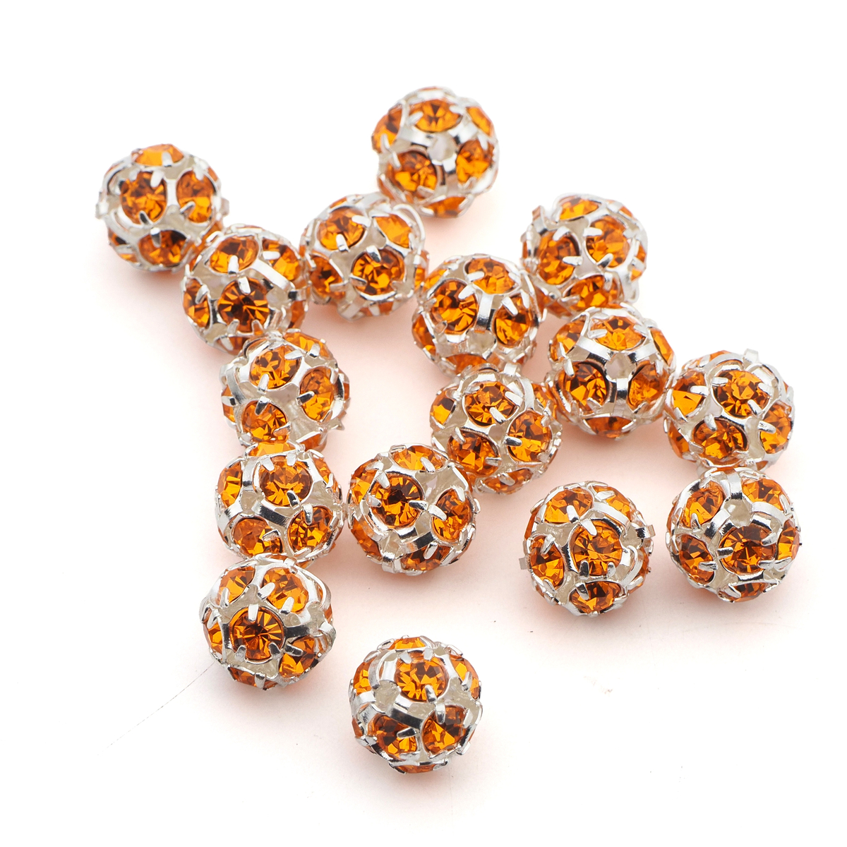 Rhinestone silver tone metal ball beads 10 mm Orange Sun Czech glass lot 16pcs