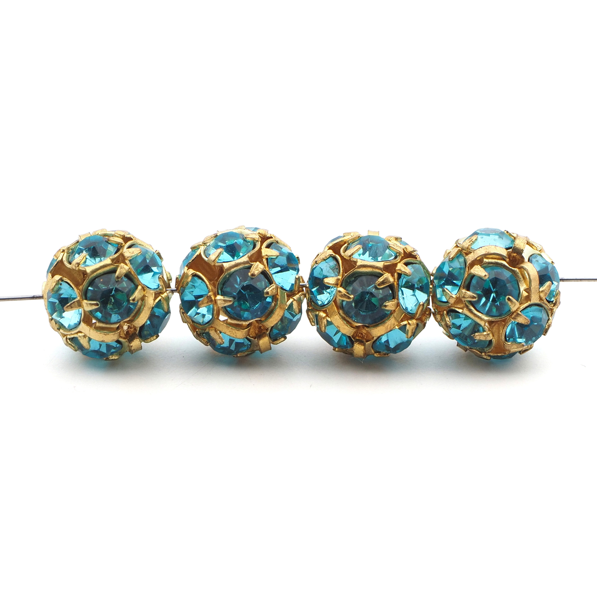 Rhinestone gold tone metal ball beads 12 mm Aqua Blue Czech glass lot 8pcs