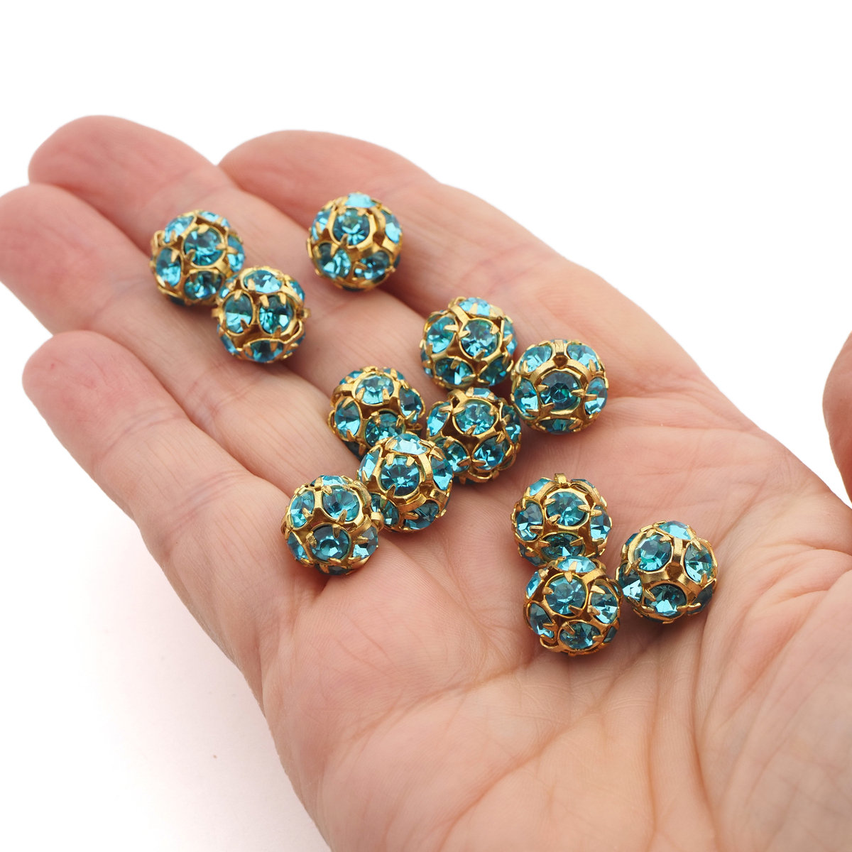 Rhinestone gold tone metal ball beads 12 mm Aqua Blue Czech glass lot 8pcs