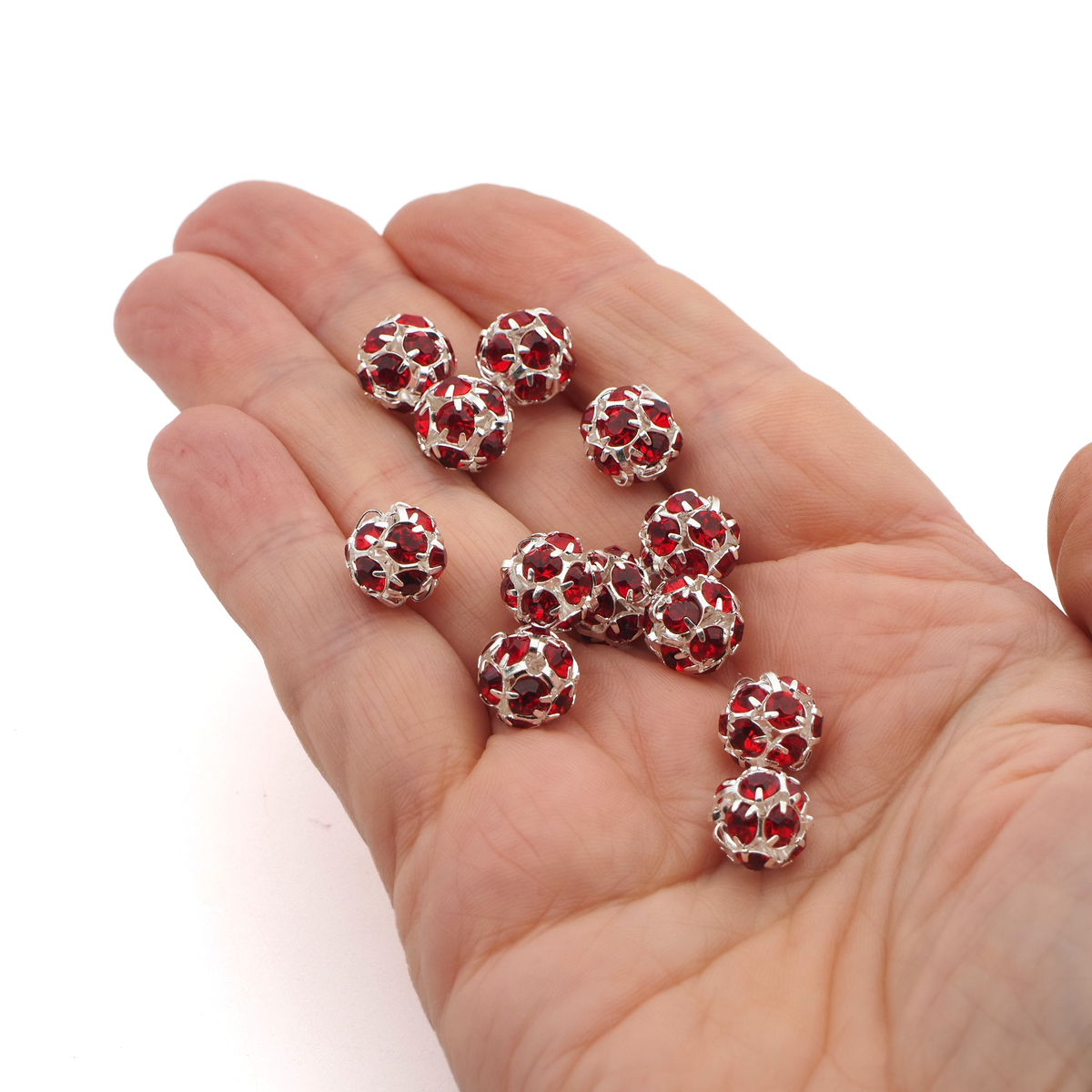 Rhinestone silver tone metal ball beads 10 mm Lt. Siam Red Czech glass lot 12pcs
