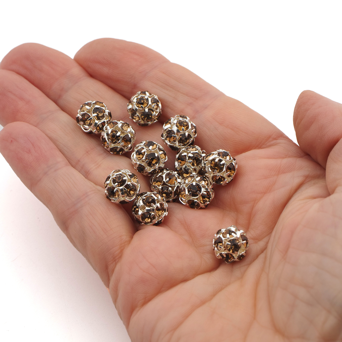 Rhinestone silver tone metal ball beads 10 mm Sm.Topaz Czech glass lot 12pcs