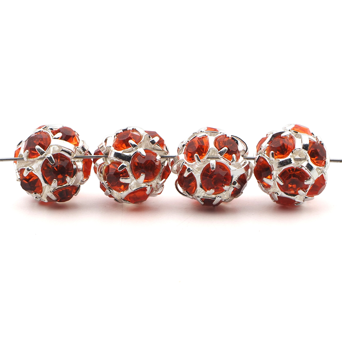 Rhinestone silver tone metal ball beads 10 mm Hyacint Orange Czech glass lot 12pcs