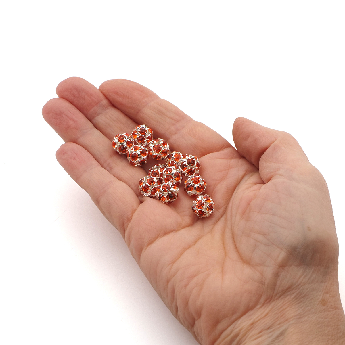 Rhinestone silver tone metal ball beads 10 mm Hyacint Orange Czech glass lot 12pcs