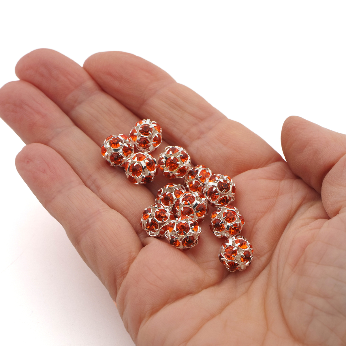 Rhinestone silver tone metal ball beads 10 mm Hyacint Orange Czech glass lot 12pcs