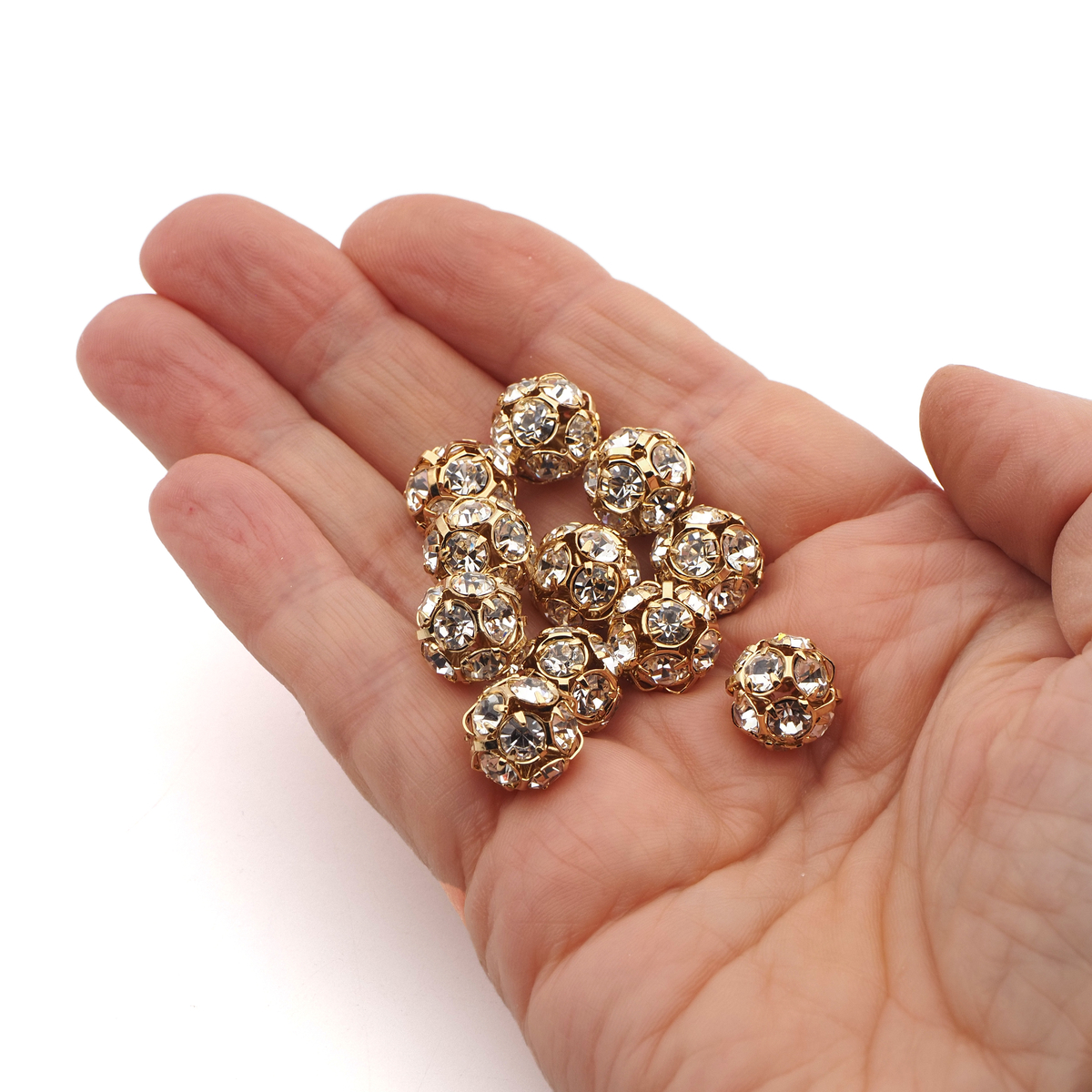 Rhinestone gold tone ball beads 12 mm Clear Crystal Czech glass lot 11pcs