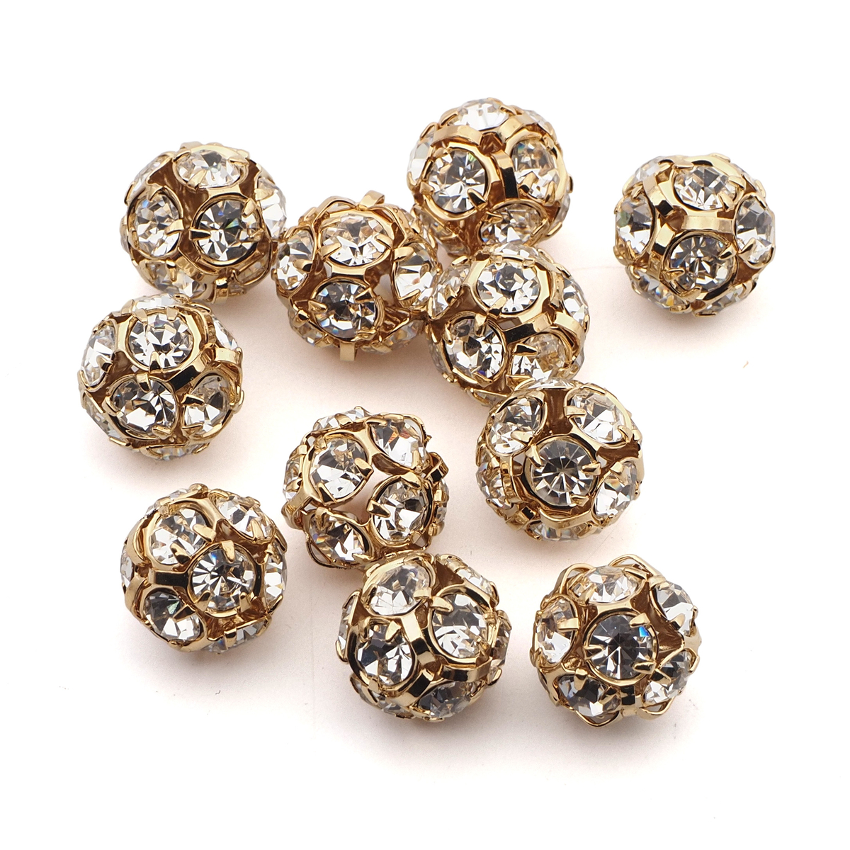 Rhinestone gold tone ball beads 12 mm Clear Crystal Czech glass lot 11pcs