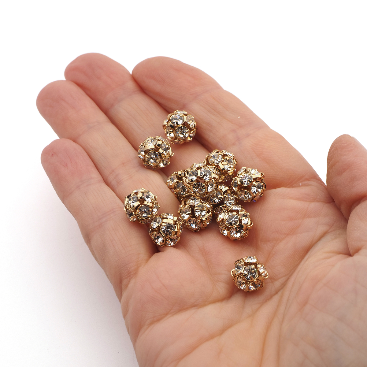 Rhinestone gold tone ball beads 10 mm Clear Crystal Czech glass lot 12pcs