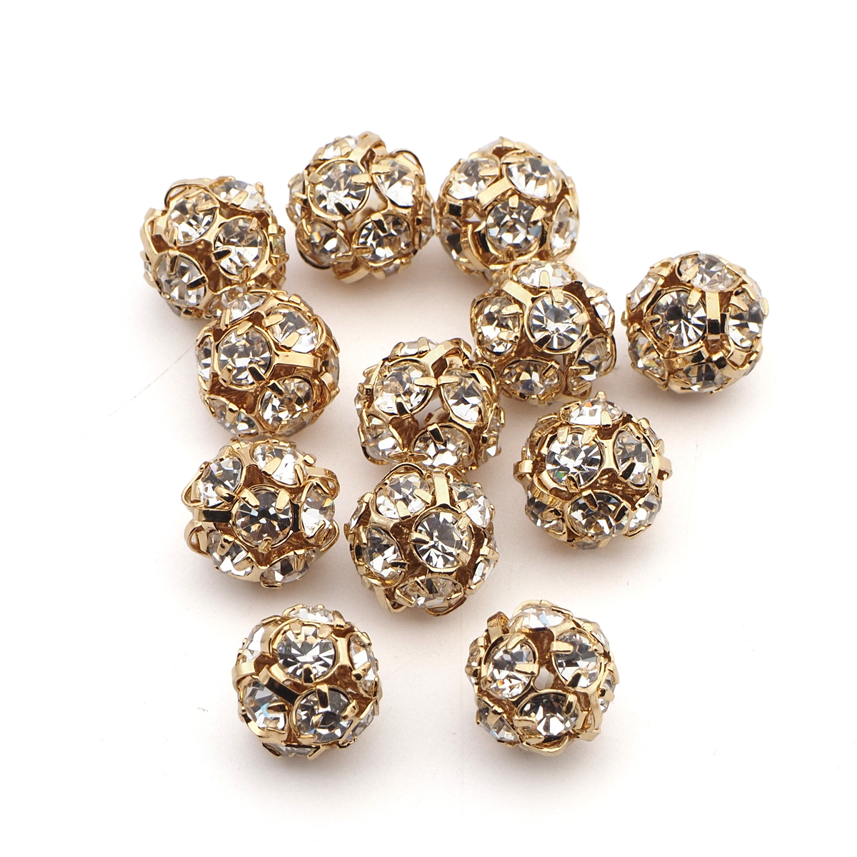 Rhinestone gold tone ball beads 10 mm Clear Crystal Czech glass lot 12pcs