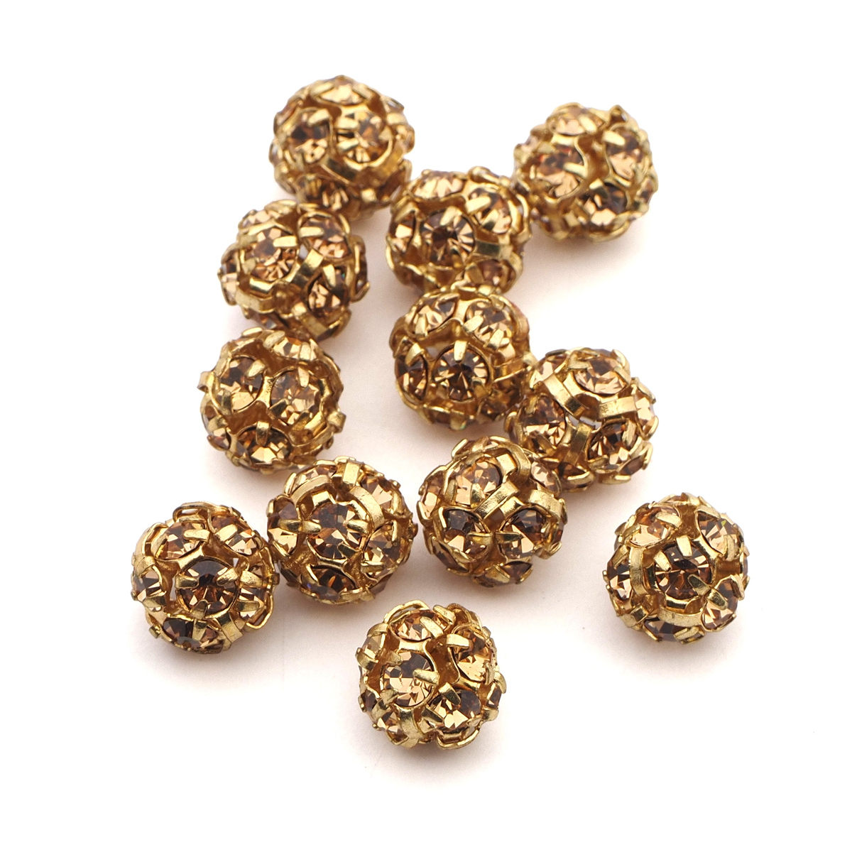 Rhinestone gold tone metal ball beads 8 mm Lt. Topaz Czech glass lot 12pcs