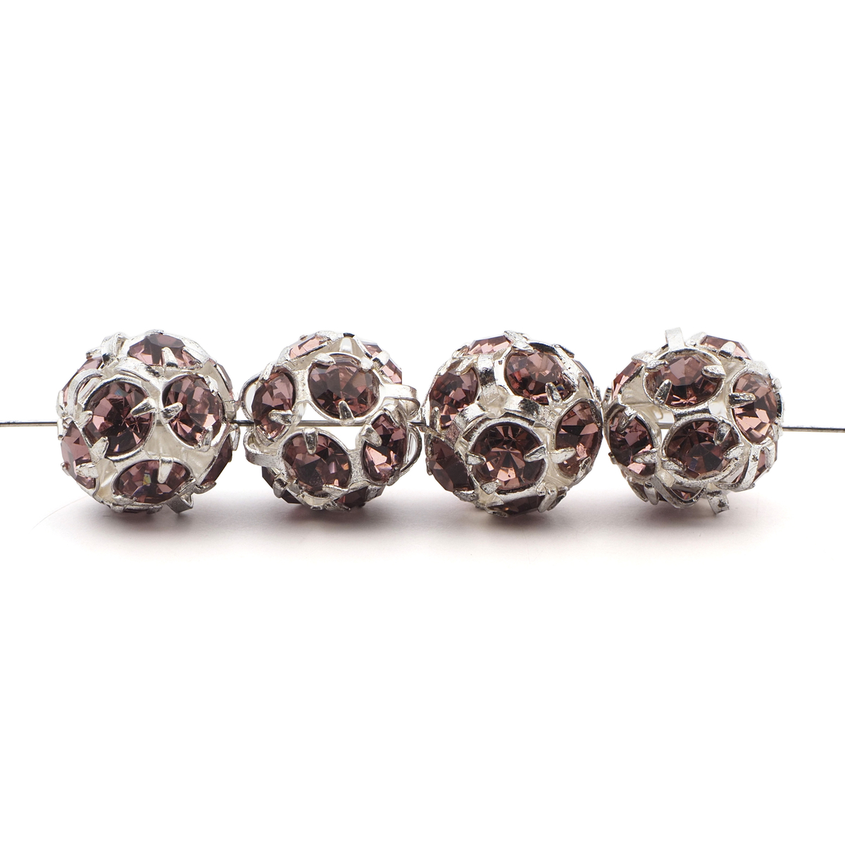 Rhinestone silver tone metal ball beads 12 mm Lt. Amethyst Czech glass lot 8pcs