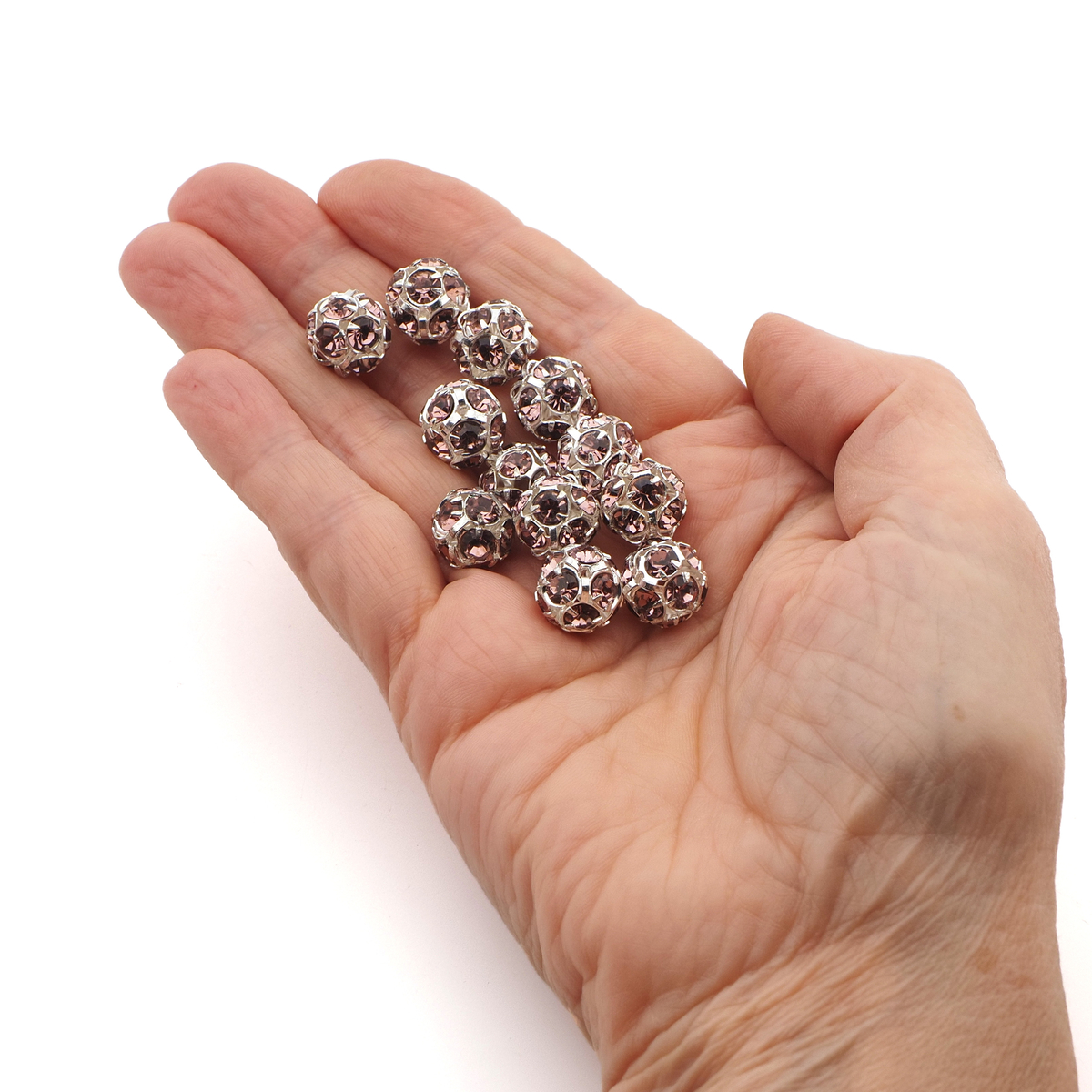 Rhinestone silver tone metal ball beads 12 mm Lt. Amethyst Czech glass lot 8pcs