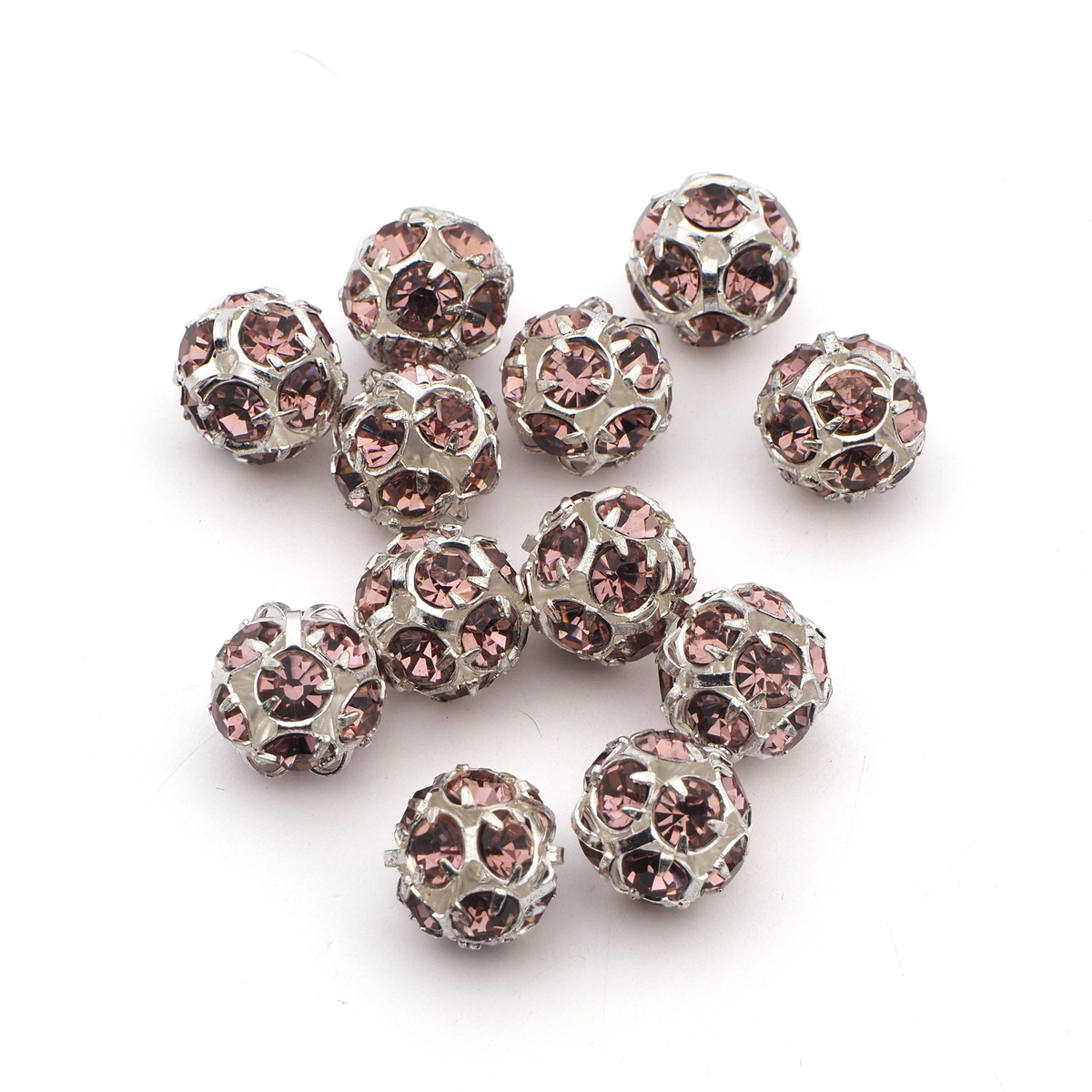 Rhinestone silver tone metal ball beads 12 mm Lt. Amethyst Czech glass lot 8pcs