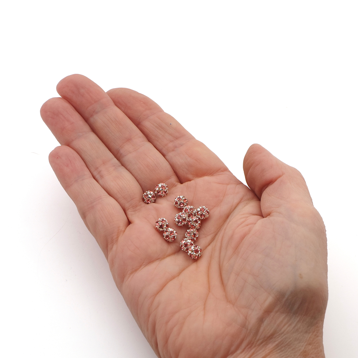 Rhinestone silver tone metal ball beads 6 mm Rosaline Rosa Pink Czech glass lot 12pcs