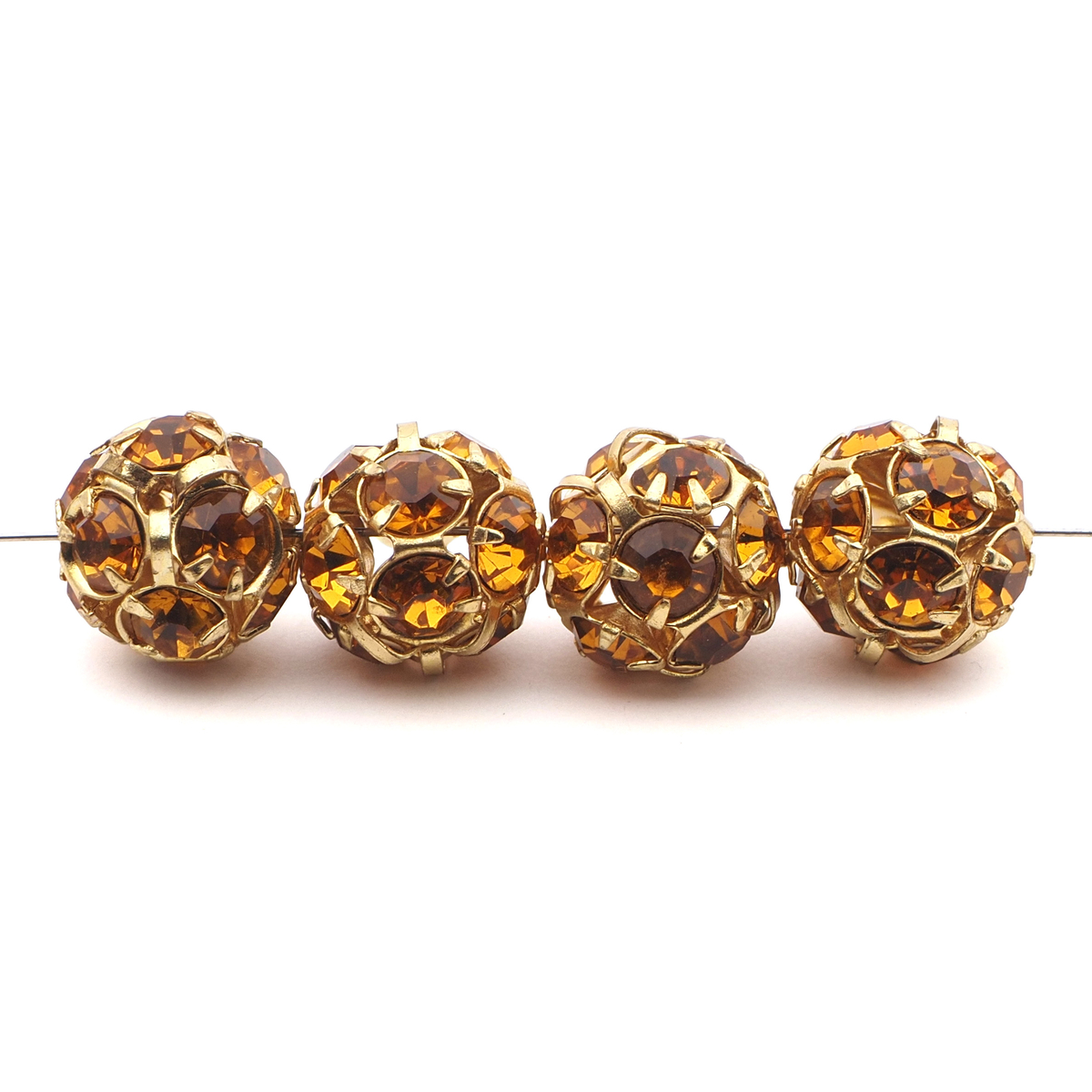 Rhinestone gold tone plated ball beads 12 mm Topaz Czech glass lot 8pcs