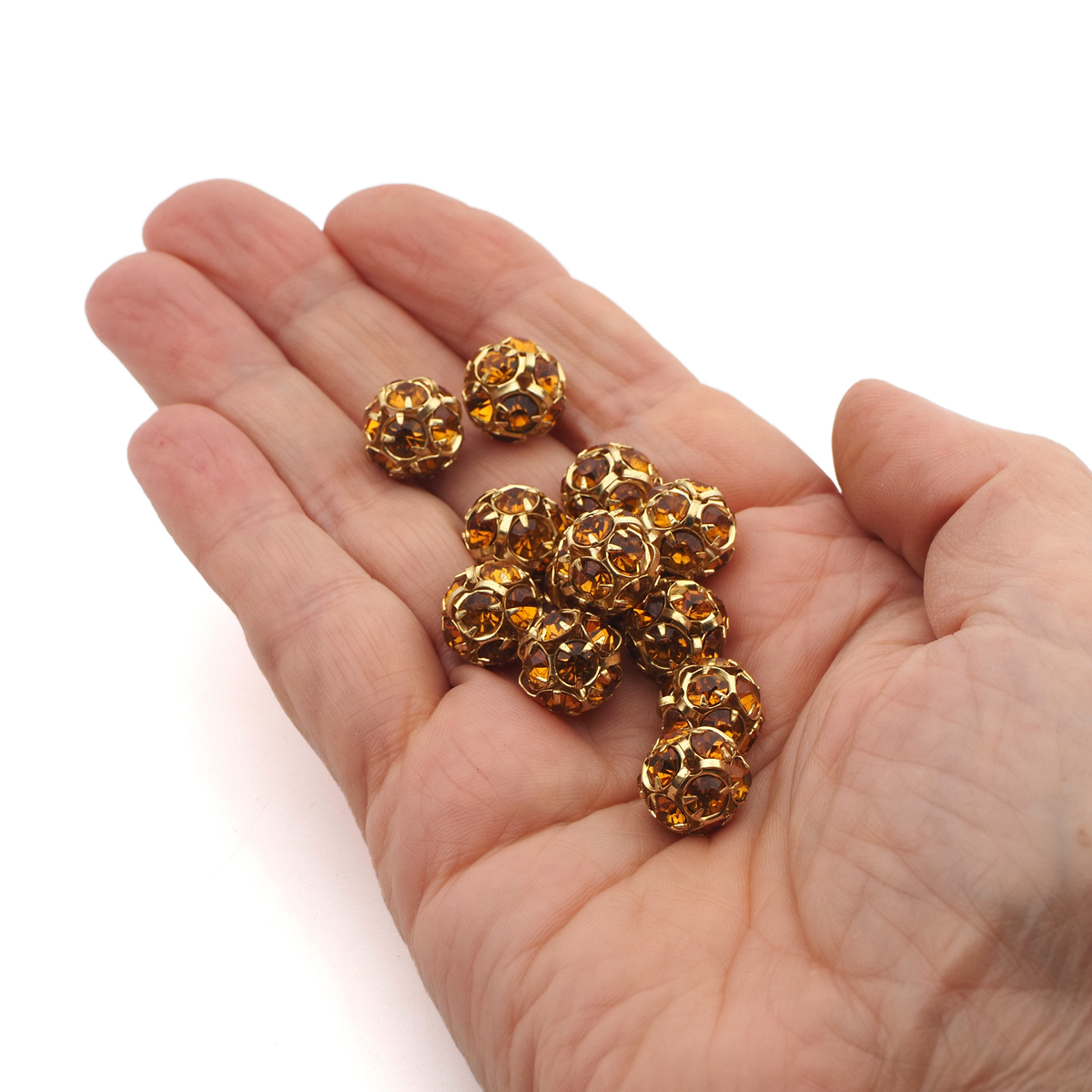 Rhinestone gold tone plated ball beads 12 mm Topaz Czech glass lot 8pcs