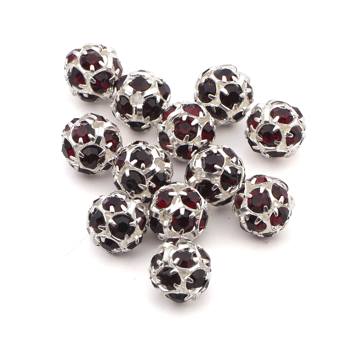 Rhinestone silver tone metal ball beads 10 mm Black Czech glass lot 12pcs
