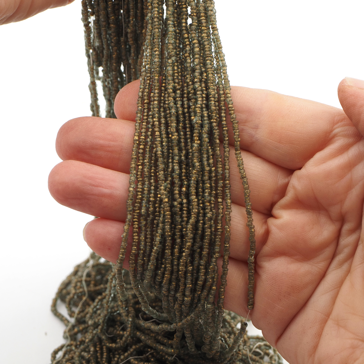 Hank Olive green gold seed glass beads 12/0 125g Vintage Czech