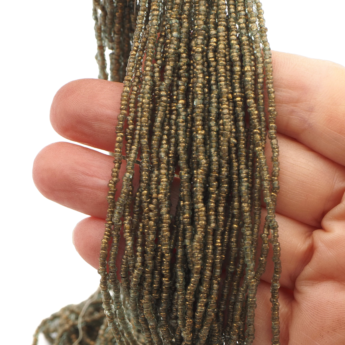 Hank Olive green gold seed glass beads 12/0 125g Vintage Czech