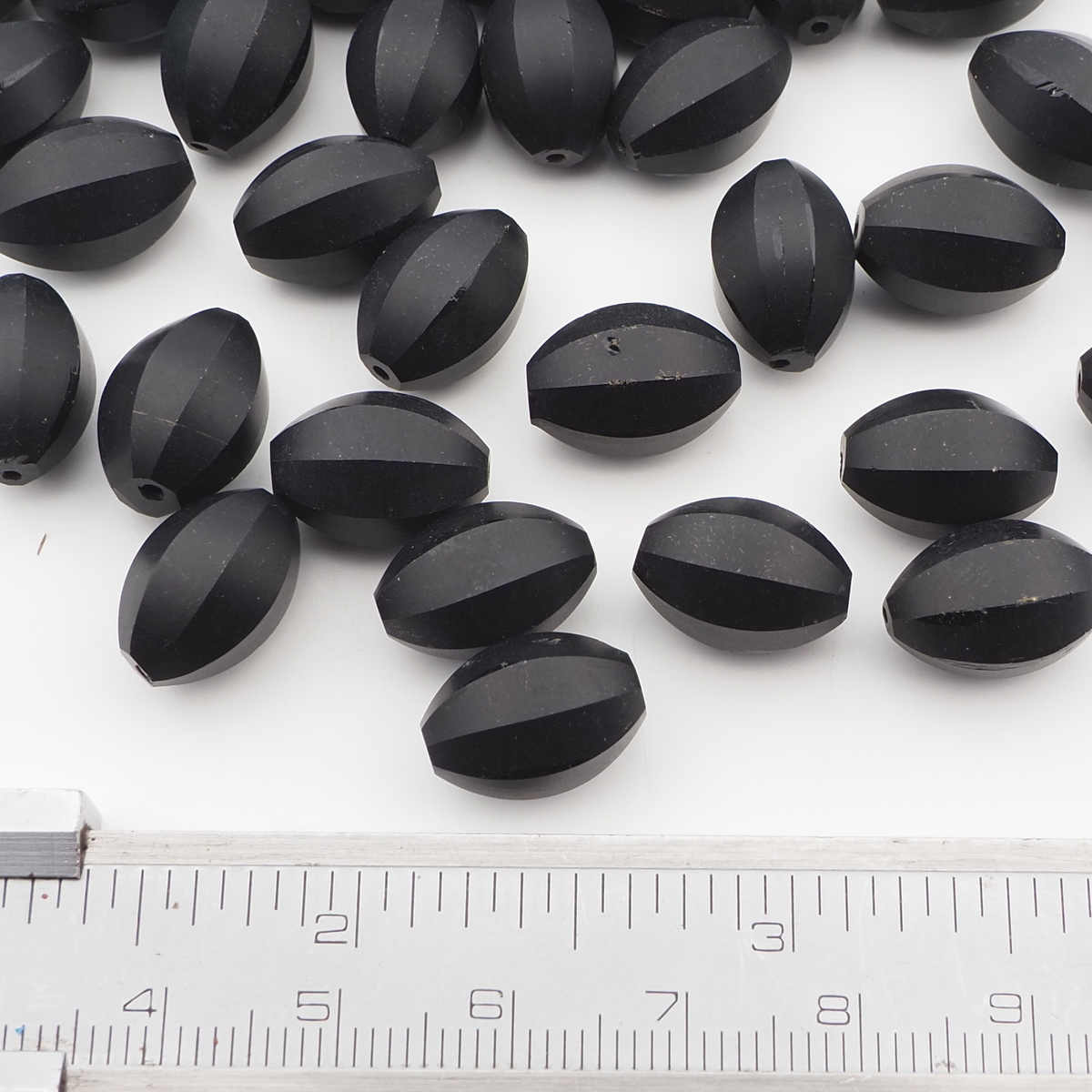 Lot (44) Czech antique oval melon faceted matte black glass beads 13mm