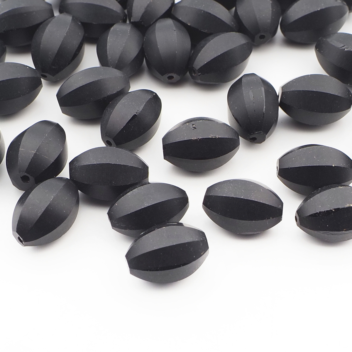 Lot (44) Czech antique oval melon faceted matte black glass beads 13mm