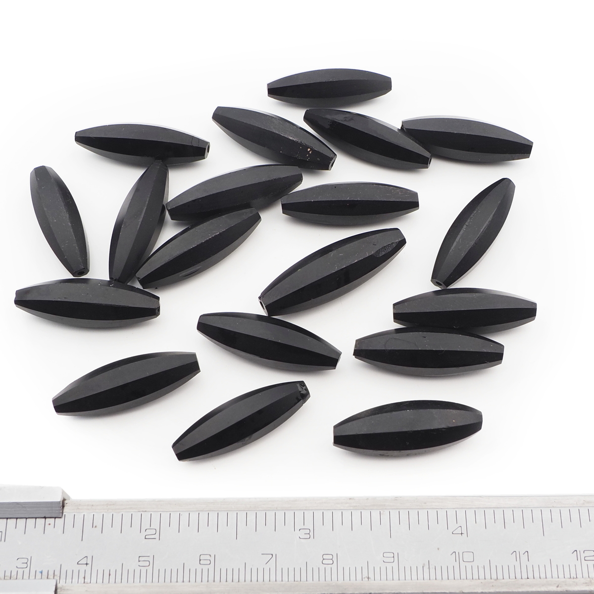 Lot (19) Czech antique oval melon faceted matte black glass beads 