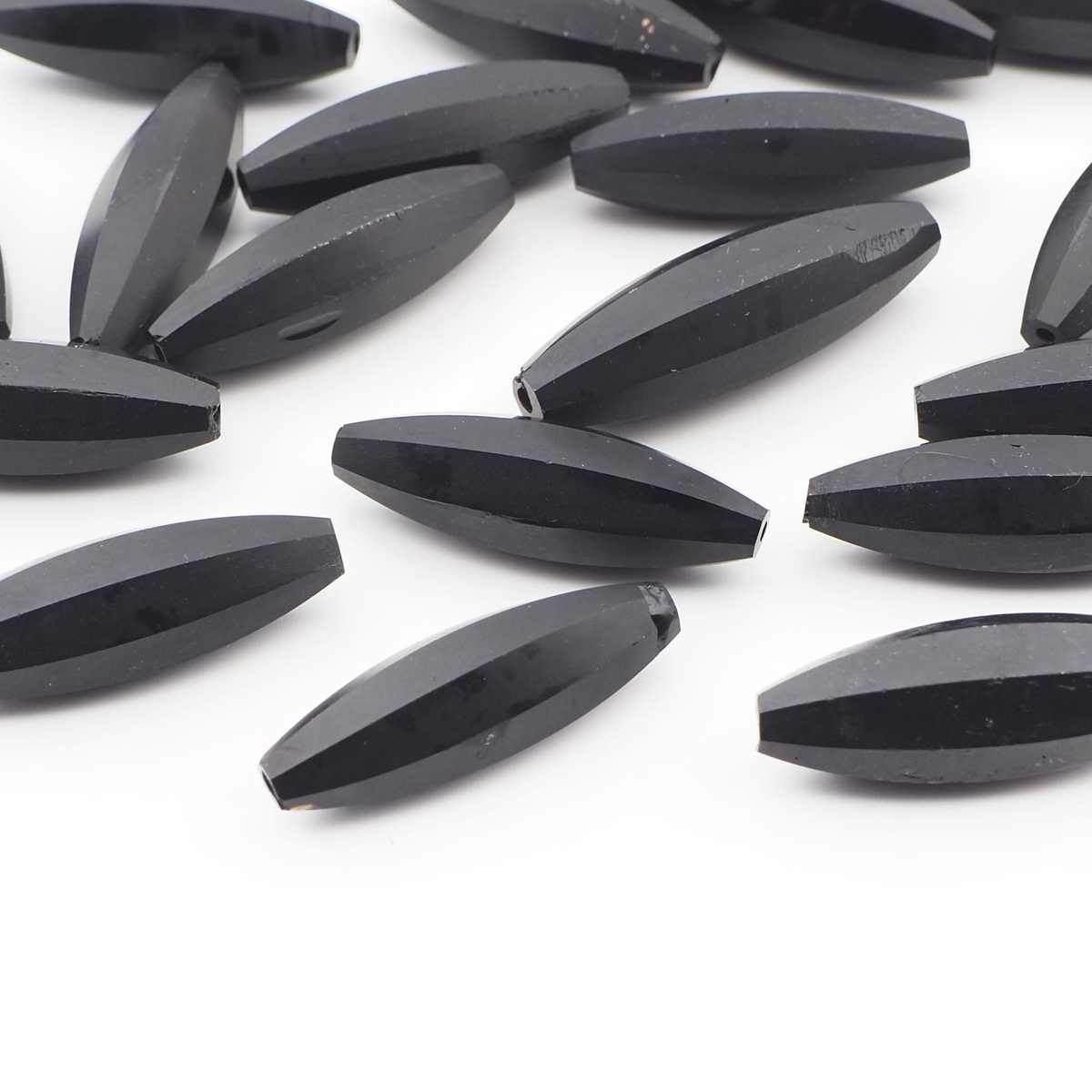 Lot (19) Czech antique oval melon faceted matte black glass beads 